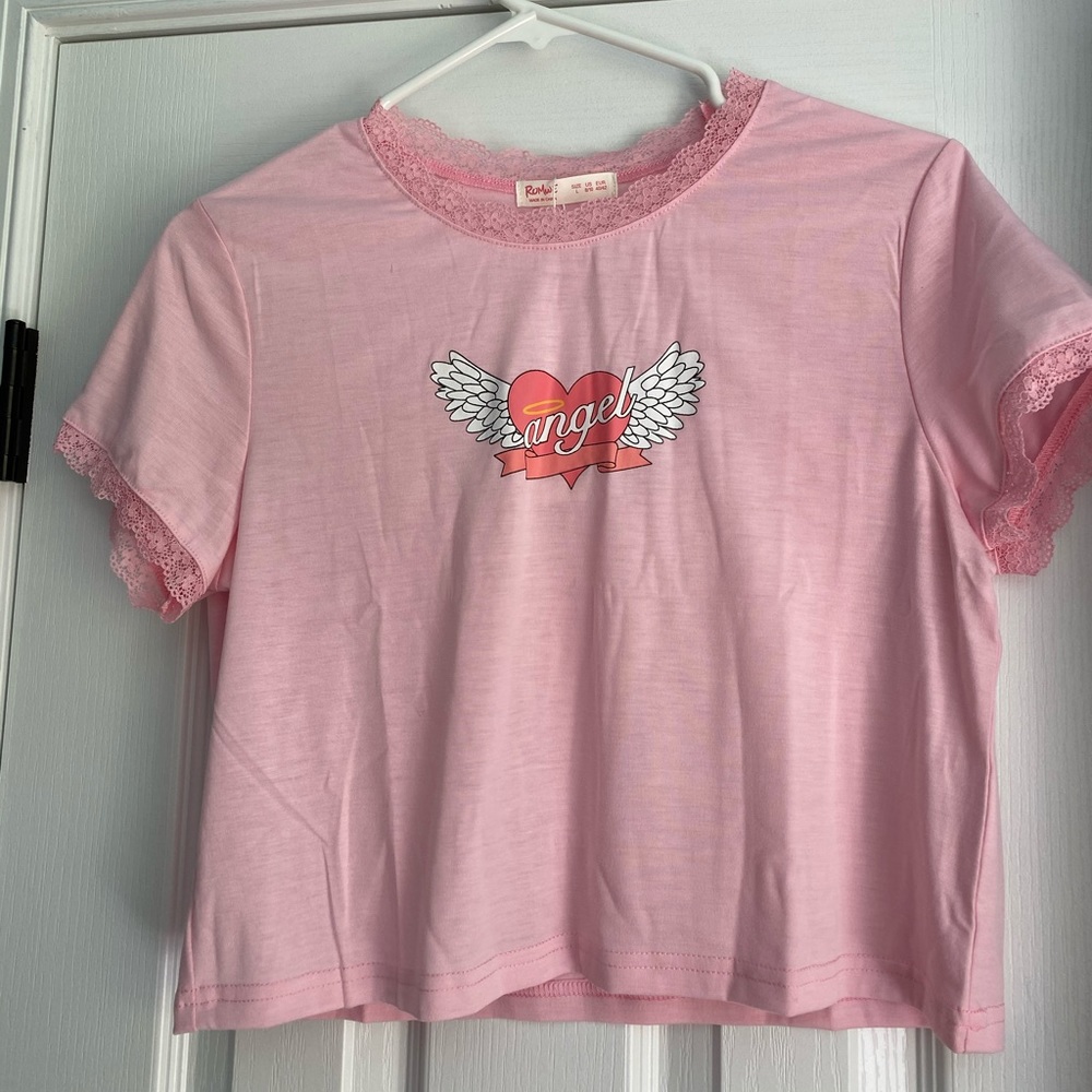 Angel Wing Print Lace Trim Tee